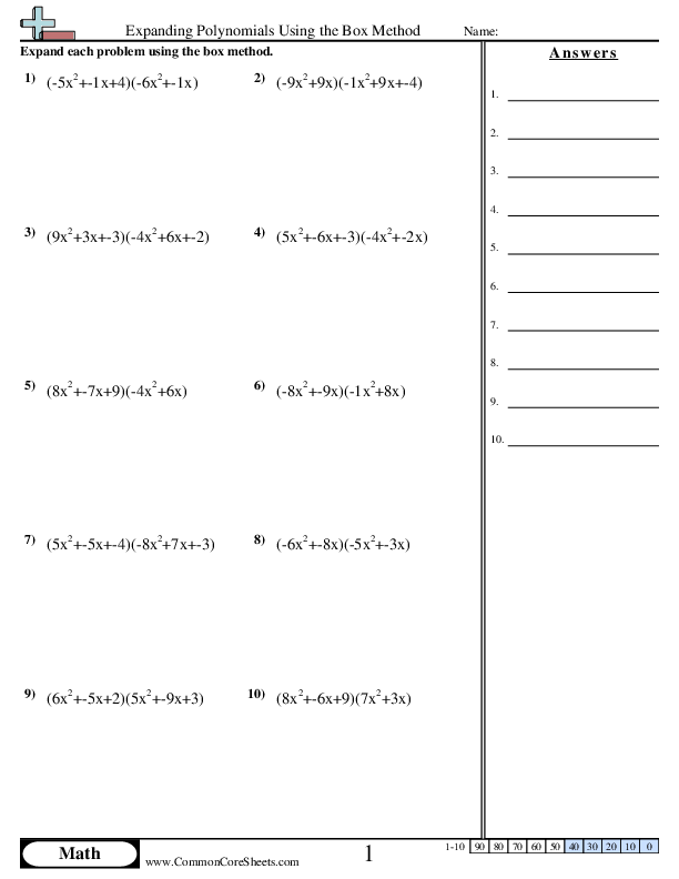 Expanding Polynomials Using the Box Method worksheet